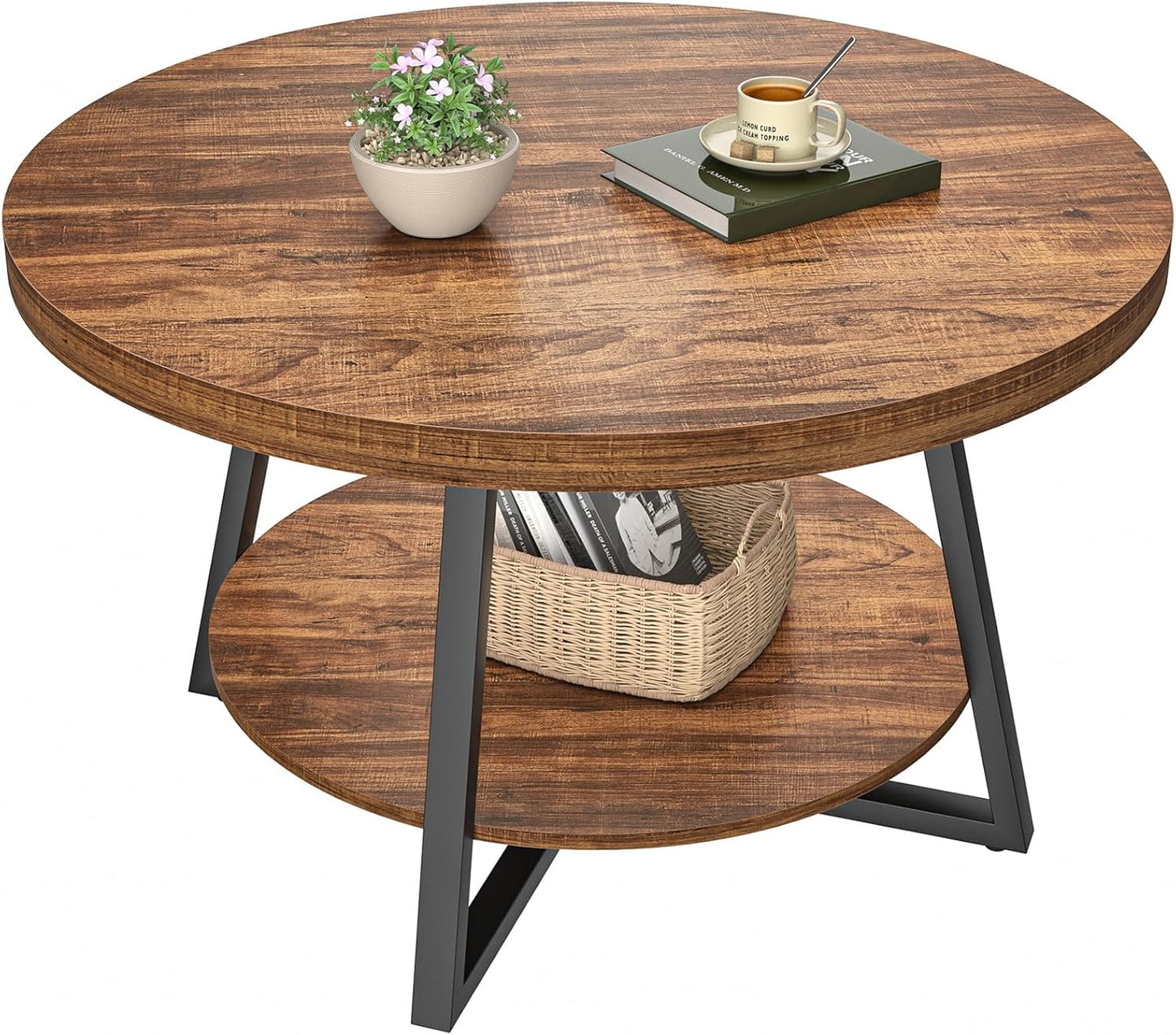 round Coffee Table with Storage, 30 Inch Circle Center Tables for Living Room, Modern Sofa Table for Small Spaces, Home Office, Easy Assembly, Walnut