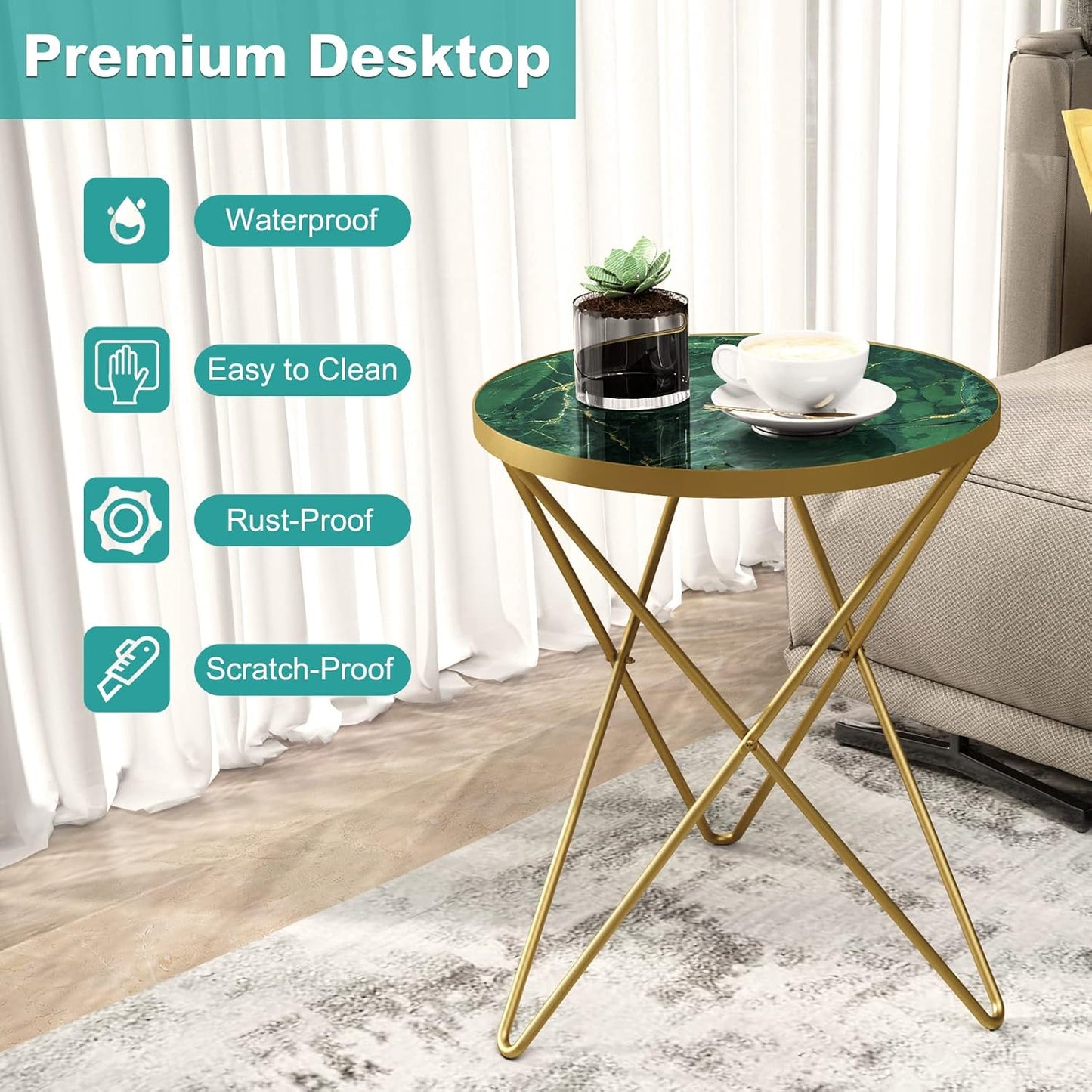 Modern round Side Table, End Table with Marble Effect Top and Gold Metal Frame, Small Side Table for Living Room, Bedroom, Sofa and Couch, Gold Legs, Green Marble Top