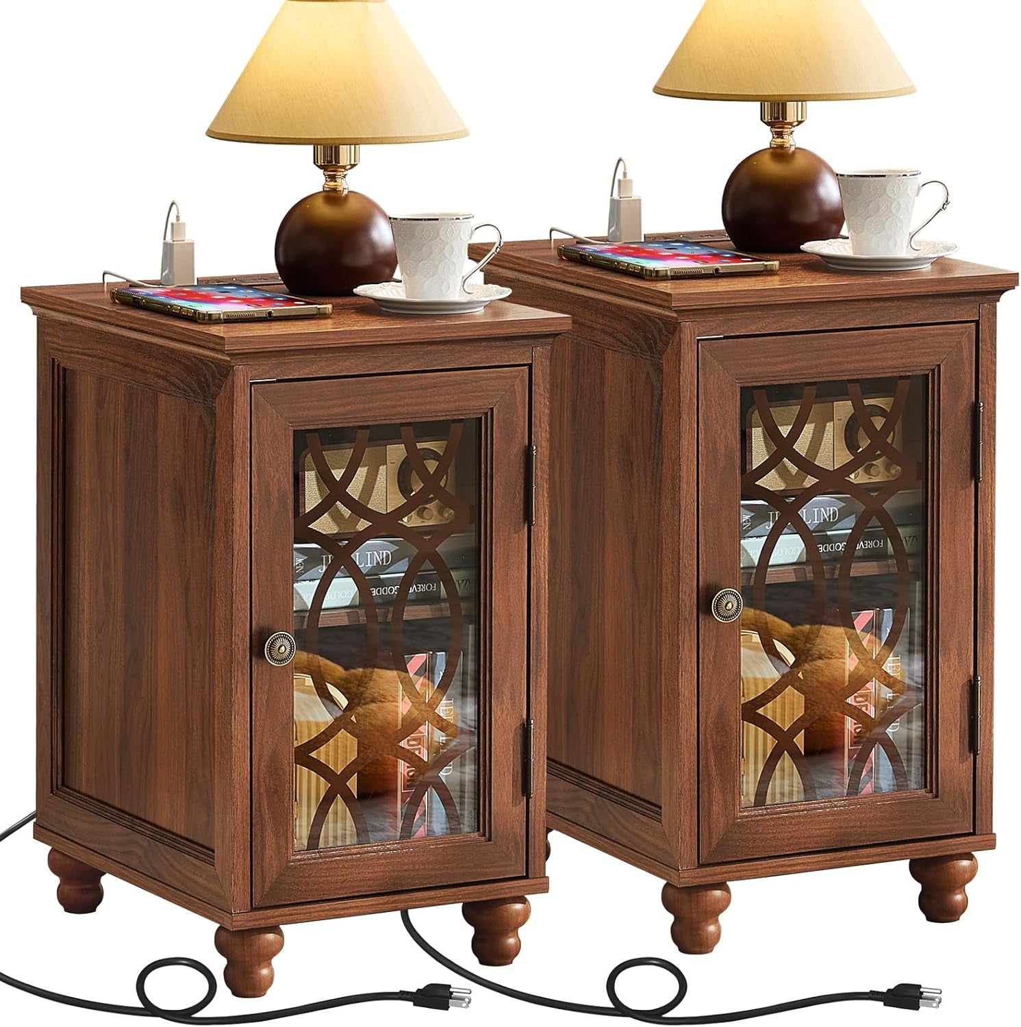 Narrow Side Table with Charging Station Set of 2, Night Stand with Glass Door,Bedside End Tables with Adjustable Shelf Storage Cabinet,Wood Nightstand for Small Spaces Living Room Bedroom