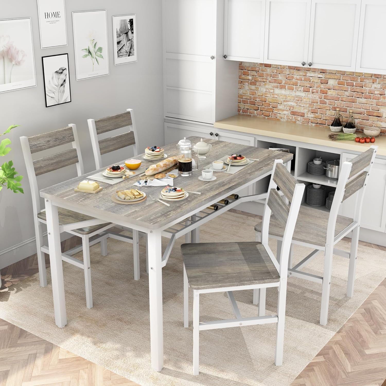 Dining Table Set for 4, Wood Kitchen Table Chairs Set with Storage, Farmhouse 5 Piece Dining Room Table Set, Space-Saving Dinette Set for Breakfast Nook, Apartment