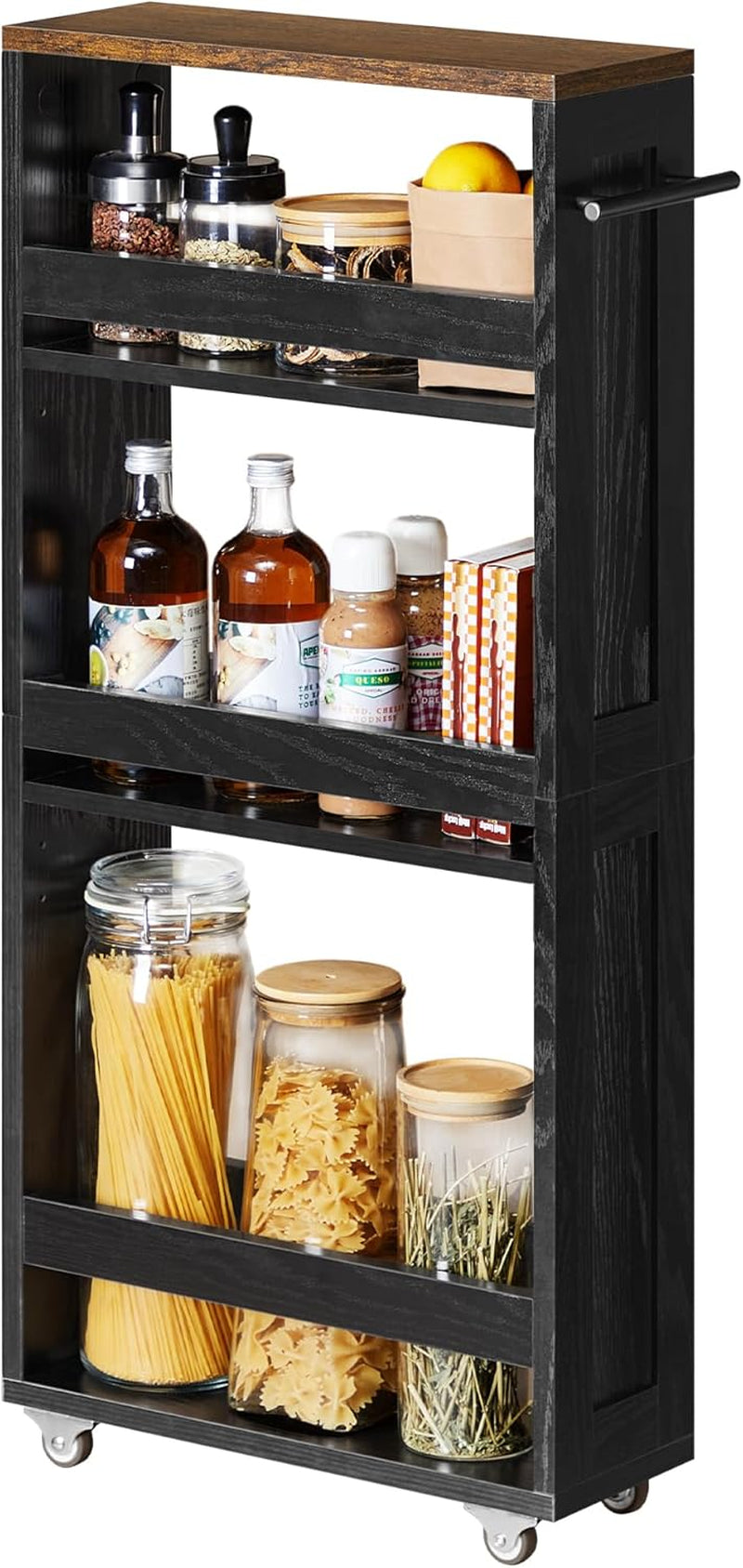 4-Tier Slide-Out Storage Cart, Slim Kitchen Cart for Small Spaces, with Wheels, Handle, Bathroom, Laundry Room, 5.9 X 17 X 34.1 Inches, Ebony Black and Rustic Brown ULRC050K02