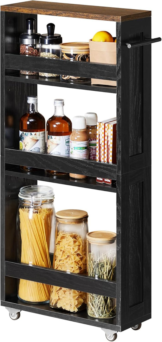 4-Tier Slide-Out Storage Cart, Slim Kitchen Cart for Small Spaces, with Wheels, Handle, Bathroom, Laundry Room, 5.9 X 17 X 34.1 Inches, Ebony Black and Rustic Brown ULRC050K02