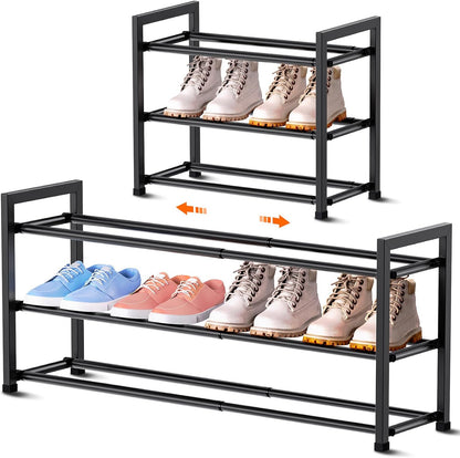 3-Tier Expandable Shoe Rack for Closet, 18“-33” Adjustable Shoe Rack for Small Space, Small Shoe Organizer for Front Door, Sturdy Metal, Black