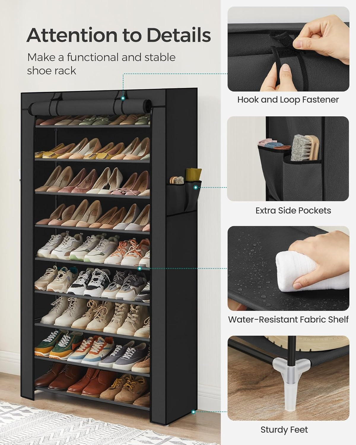 Shoe Rack with Non-Woven Fabric Cover, 9 Tier Storage Shelf for 40-50 Pairs of Shoes, Entryway, Suitable for Sneakers, High Heels, Flats, and Boots, Black URXJ36HV1