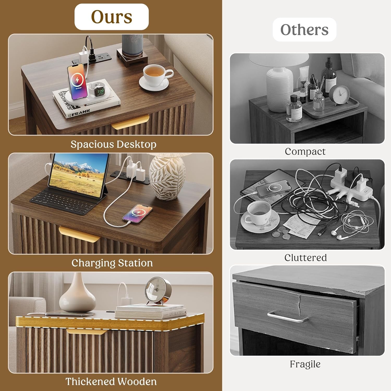 Night Stand Set 2, Fluted Nightstand with Charging Station, Wood Modern Bedside End Table with Storage Drawer for Bedroom, save Space (Set of 2, Walnut)