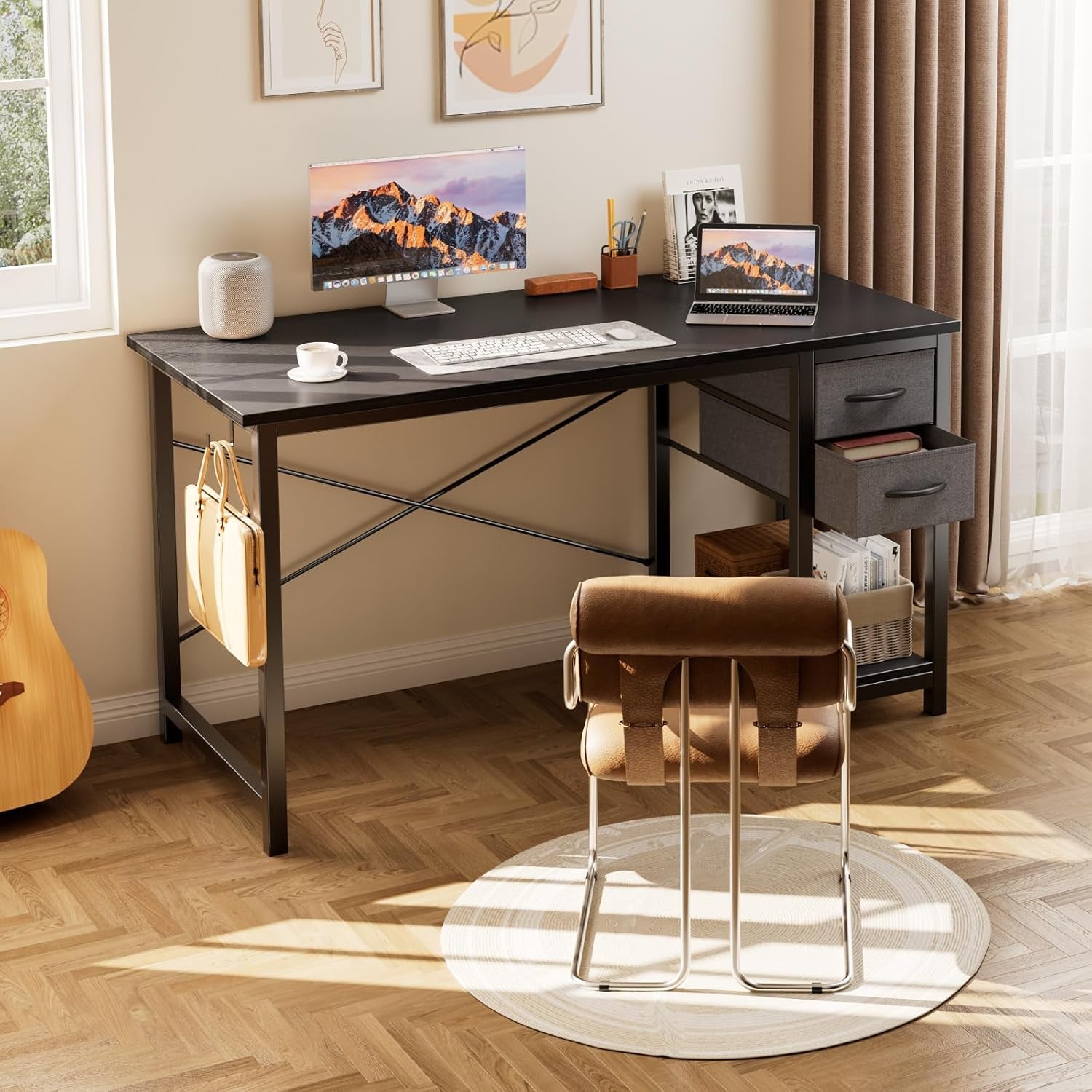 47 Inch Computer Desk with Drawers for Home Office, Writing Desk with X-Shaped Reinforcement, Wood Table with Adjustable Position Drawers, Modern Study Work Table with Side Hook, Black