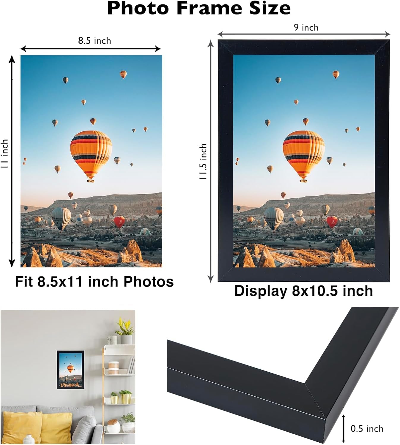 8.5X11 Inch Picture Frame Black for Certificate Poster and Photo, Horizontal and Vertical Formats for Wall Hanging or Tabletop, 8.5X11 Frame with Shatter Resistant Plexiglass, Black