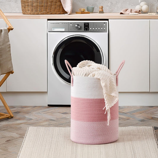 40L Laundry Basket round Storage Rope Basket - 13X18 Inches - Pink Hamper in Bedreoom and Cute Storage Bin for Blankets, Toys, and Nursery Essentials