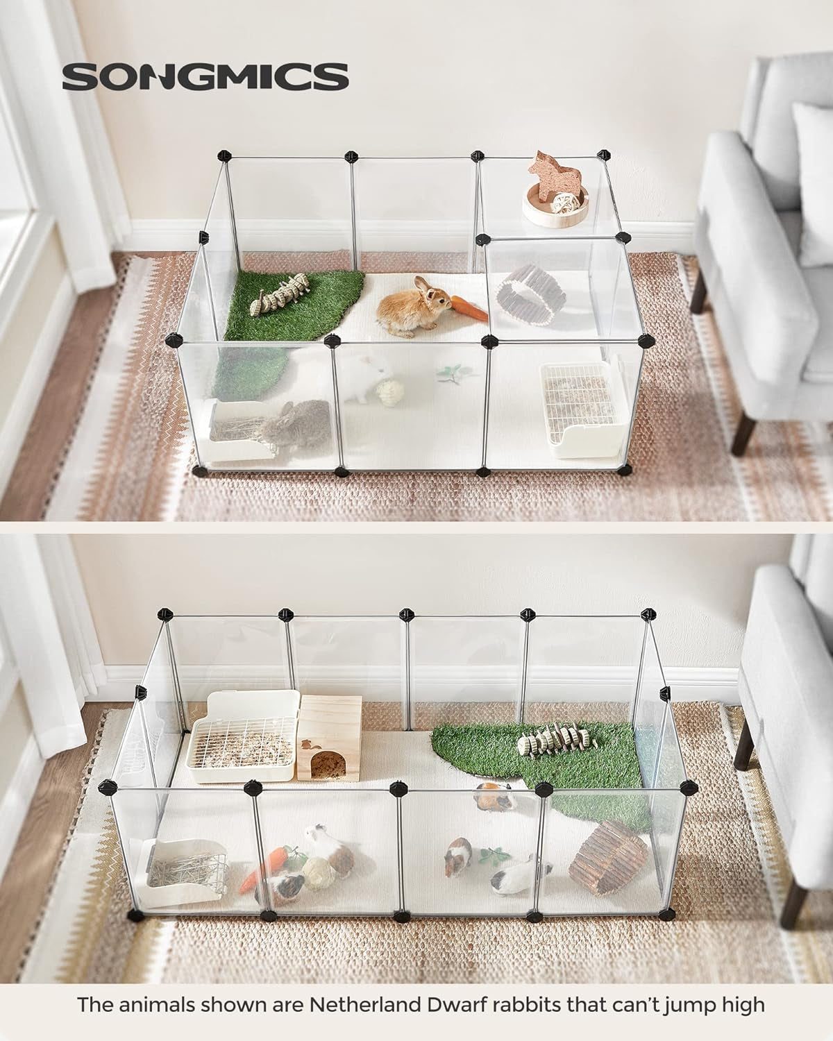 20 Panels Pet Playpen with Floor, Small Animal Playpen, Pet Fence Indoor, DIY Plastic Enclosure for Guinea Pigs, Bunny, Hamsters, Hedgehogs, 49.2 X 24.8 X 16.5 Inches, White ULPC001W01