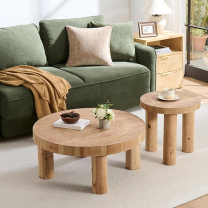 2-Piece round Farmhouse Coffee Table, Rustic Coffee Table Sets, Circle Wooden Ring Finish with Solid Wood Legs, Center Tables Set for Living Room (Natural)