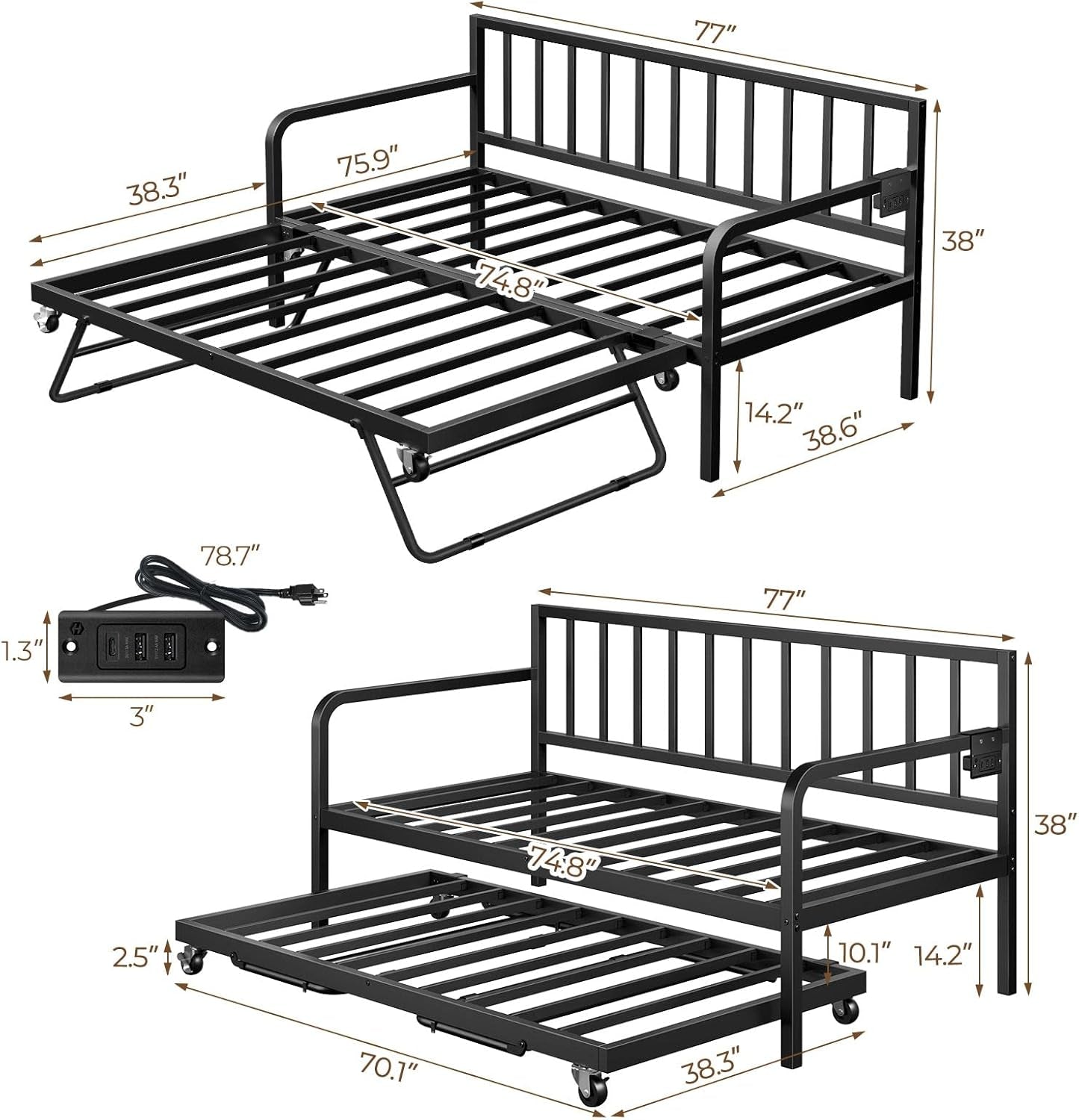 Daybed with Charging Station and LED Lights, Height Adjustable Twin Daybed with Trundle, Metal Sofa Bed Frame with Steel Slat Support for Living Room, Bedroom and Guest Room, Black