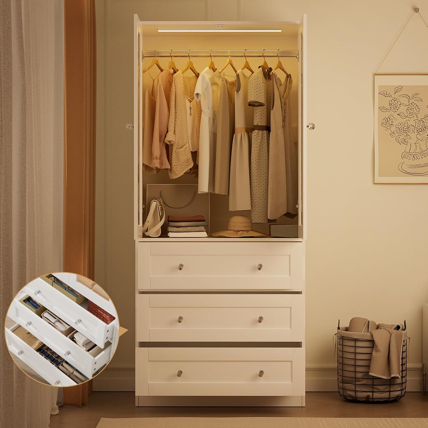 75" Tall Armoire Wardrobe Closet with Drawers & Lights, Clothing Storage Cabinet with 2 Glass Doors & Hanging Rod, Wooden Armoire Storage Cabinet for Bedroom