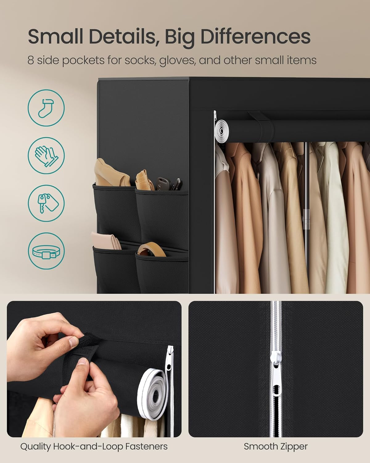 Portable Closet, Fabric Wardrobe, Clothes Rack with Shelves, Pockets, Large Capacity, 4 Hanging Rods, 17.7 X 74.4 X 70.9 Inches, Black URYG011BZ02