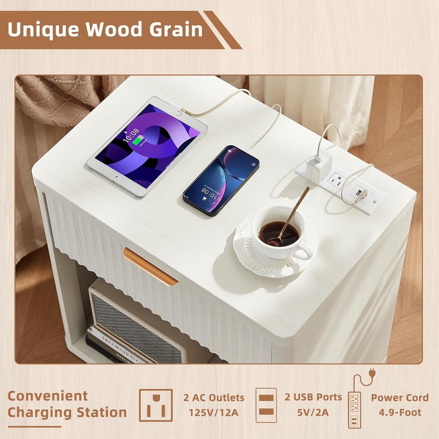 Fluted Nightstand with Charging Station, 23" Wide 1 Drawers End Table,White Night Stand with Open Storage Cabinet, Farmhouse Bed Side Tables, Wood Dresser for Bedroom, Living Room, Closet