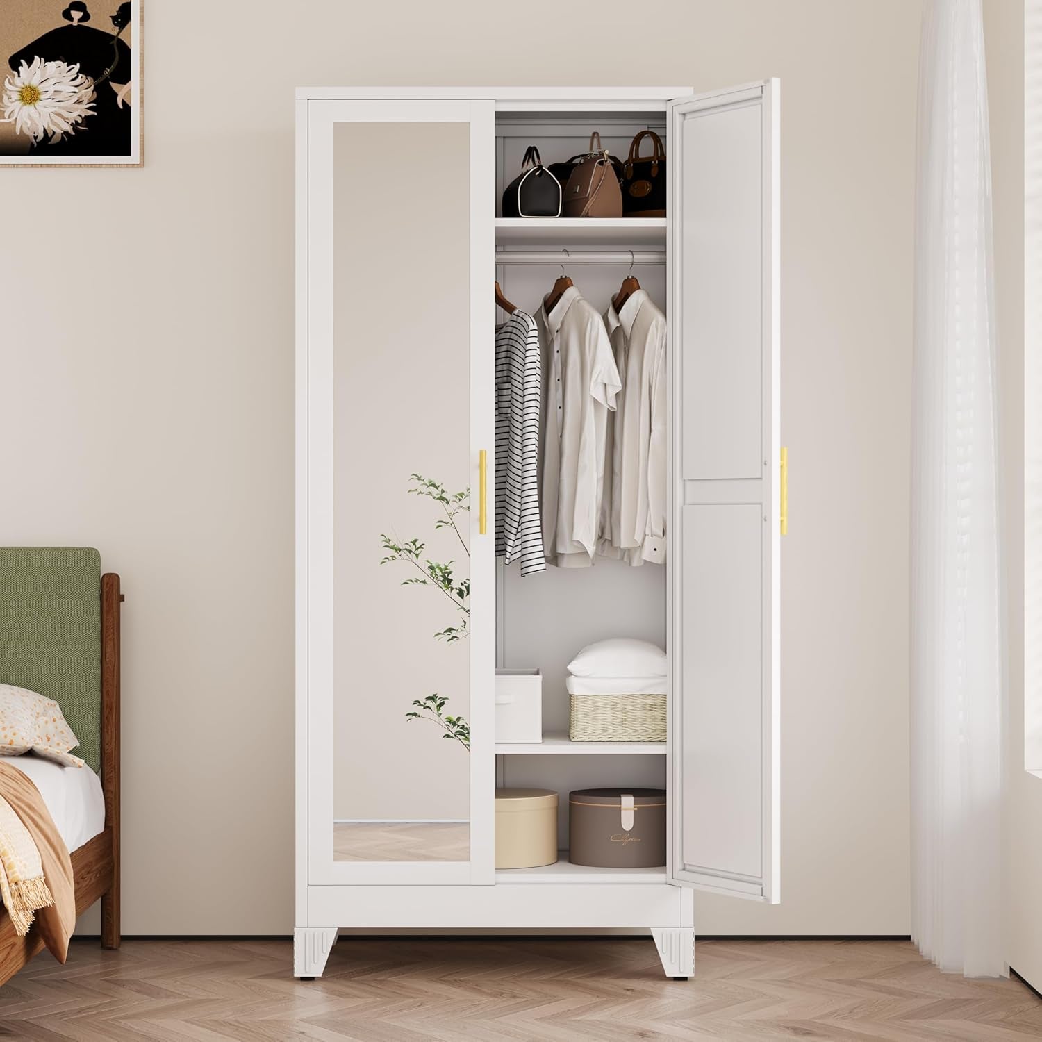 71" H Metal Armoire Wardrobe Closet with Mirror, Adjustable Shelve, Clothes Drying Pole, Steel Wardrobe Cabinet for Bedroom (White)