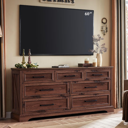 7 Drawer Dresser, Farmhouse Chest of Drawers for Bedroom, 52" Wide Dresser TV Stand with Large Metal Handles, Wood Drawer Organizer for Living Room, Hallway - Brown