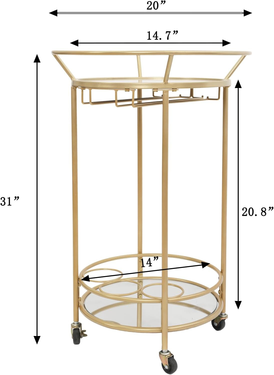 round Gold Rolling Bar Cart Wine Rack and Lockable Casters,2 Mirrored Shelves Serving Cart for Kitchen, Club, Living Room