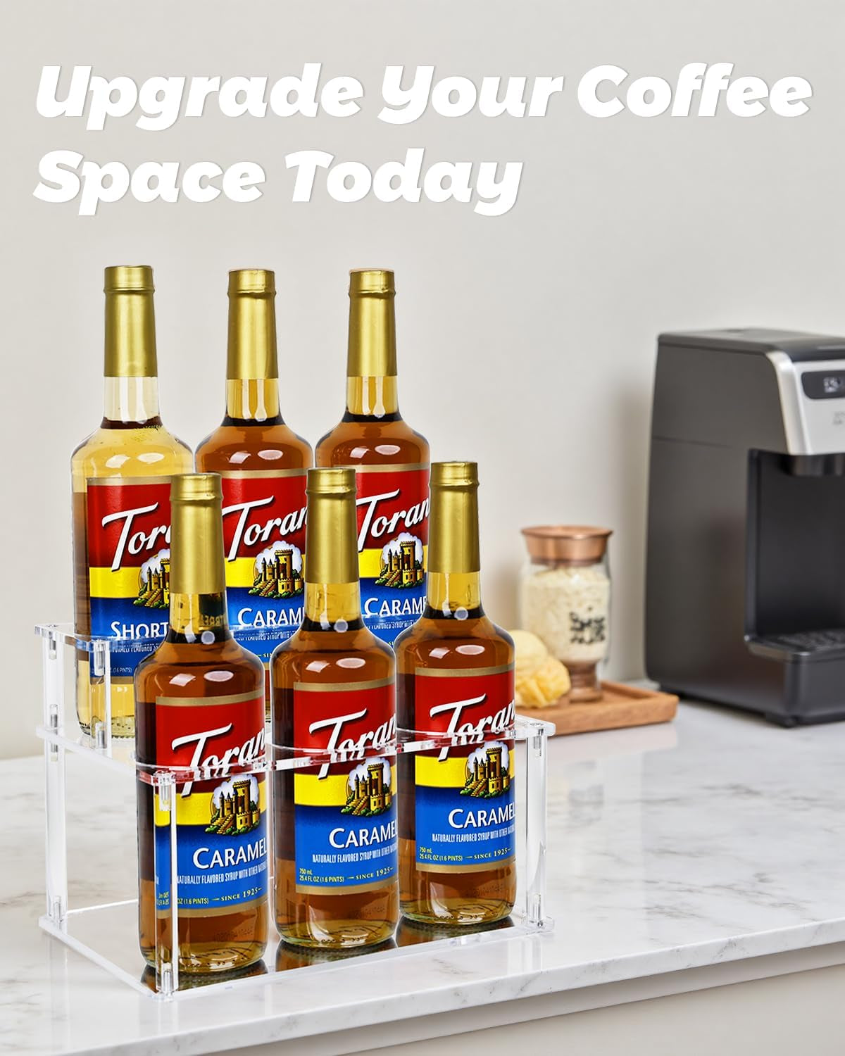 Upgraded Thickened Acrylic Coffee Syrup Organizer, 2-Tier Coffee Station Organizer Holds 6 Syrup Bottles, Coffee Syrup Dispenser Rack for Coffee Bar Station , Wine Bottle Rack Holder Countertop