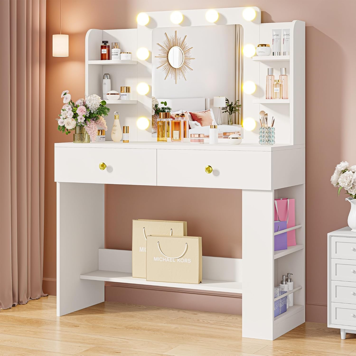 Vanity Desk with Mirror and Lights, Small Makeup Vanity Table with 3 Color Modes, 2 Drawers, 2 Side Shelves & Open Storage Shelves, Dressing Table for Bedroom,White