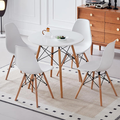 5-Piece round Dining Table Set, Small 35.5" Kitchen Table Chairs Set of 4 Space Saving Furniture, Plastic Seats, Solid Wood Legs, for Living Room Apartment Office Home, White
