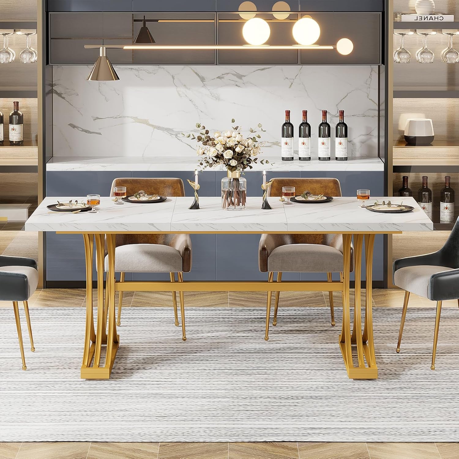 63-Inch Rectangular Dining Table for 4 to 6, Modern Kitchen Table with Stylish Metal Trestle Legs, Large Dinner Table for Dining Room, Chair Not Included (White+Gold)