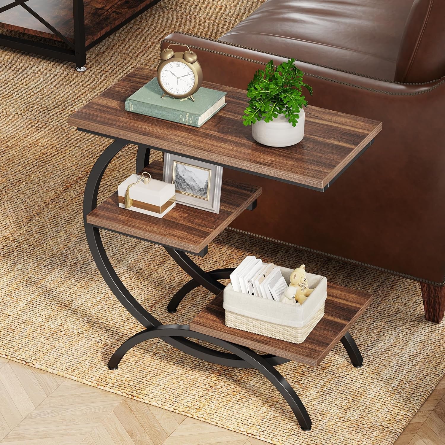 C-Shaped End Table, Industrial 3-Tier Small Side Table for Couch, Wood Bedside Table Snack Side Table with Storage Shelves for Living Room Small Space, Rustic Brown