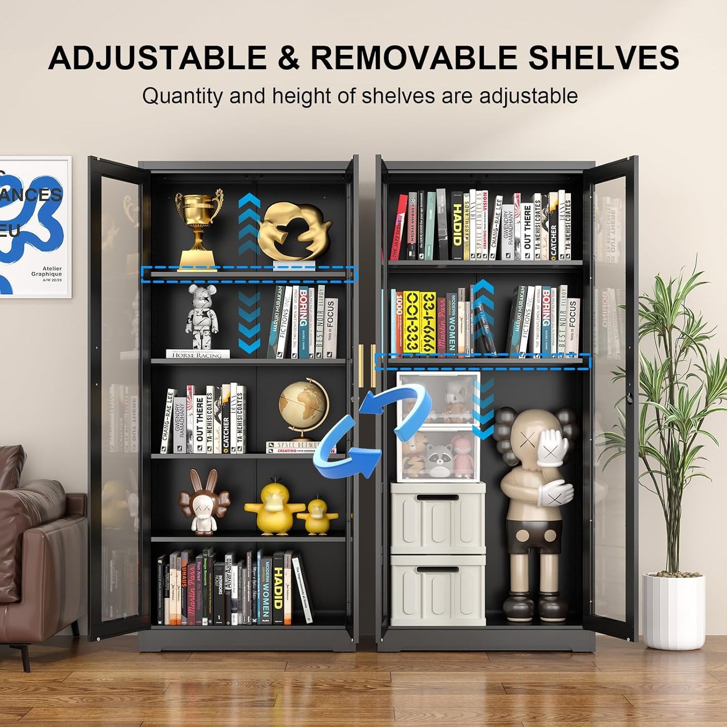 Glass Display Cabinet with Lock, Metal Curio Cabinet with Tempered Glass Doors & Adjustable Shelves, Heavy-Duty China Cabinets for Living Room, School, Commercial, Black, Assembly Required