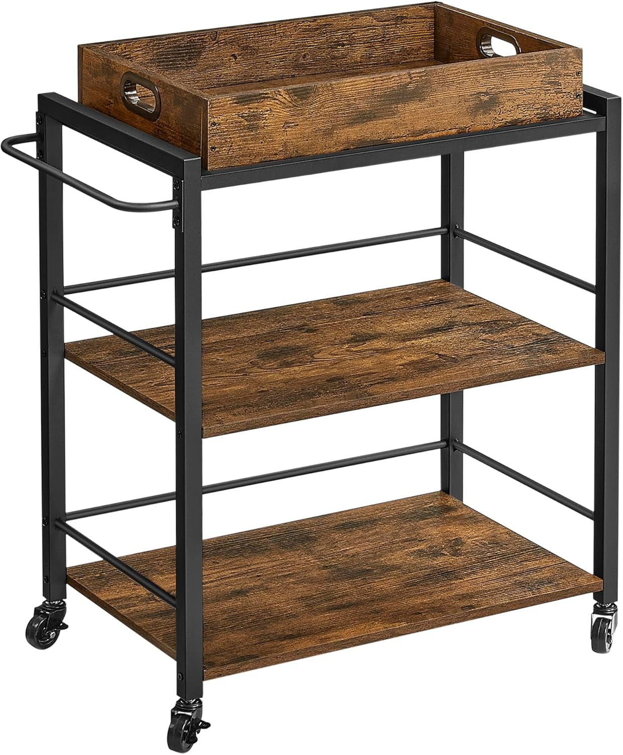 Kitchen Serving Cart with Removable Tray, 3-Tier Kitchen Utility Cart on Wheels with Storage, with Brakes, Leveling Feet, 15.7 X 28.3 X 33.9 Inches, Rustic Brown and Black ULRC72X