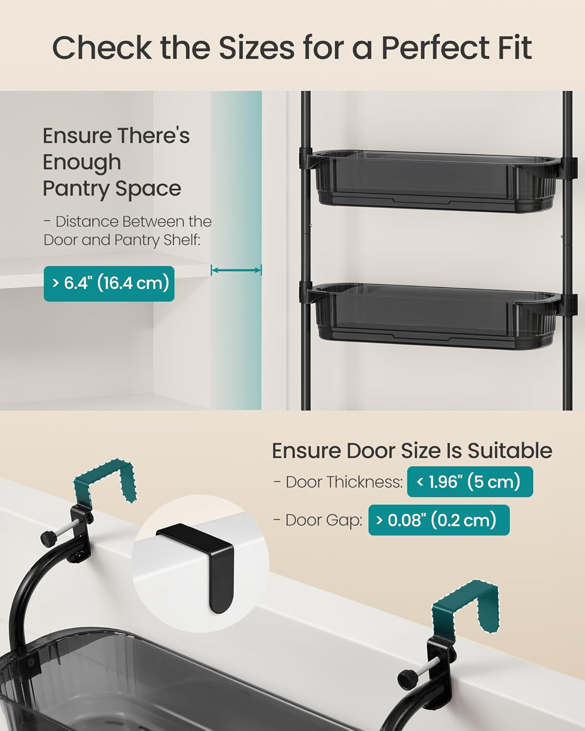 over the Door Pantry Organizer, 6-Tier Kitchen Pantry Door Organizer with Adjustable Tall Baskets, Hanging Spice Rack, for Bedroom Bathroom Laundry Room, Transparent Black UKCS046BH01