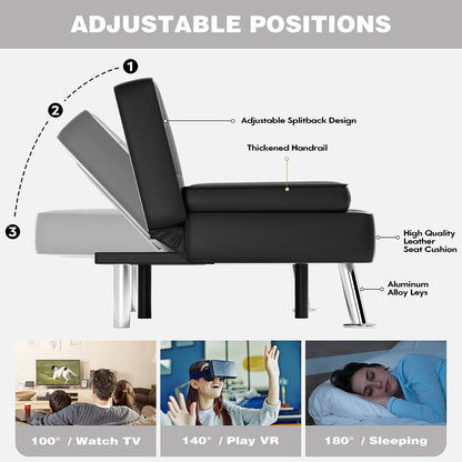 Faux Leather Futon Sofa Bed Futon Couch with Removable Armrests Adjustable Sleeper Sofa Bed with 2 Cup Holders for Living Room (PU Leather, Black)