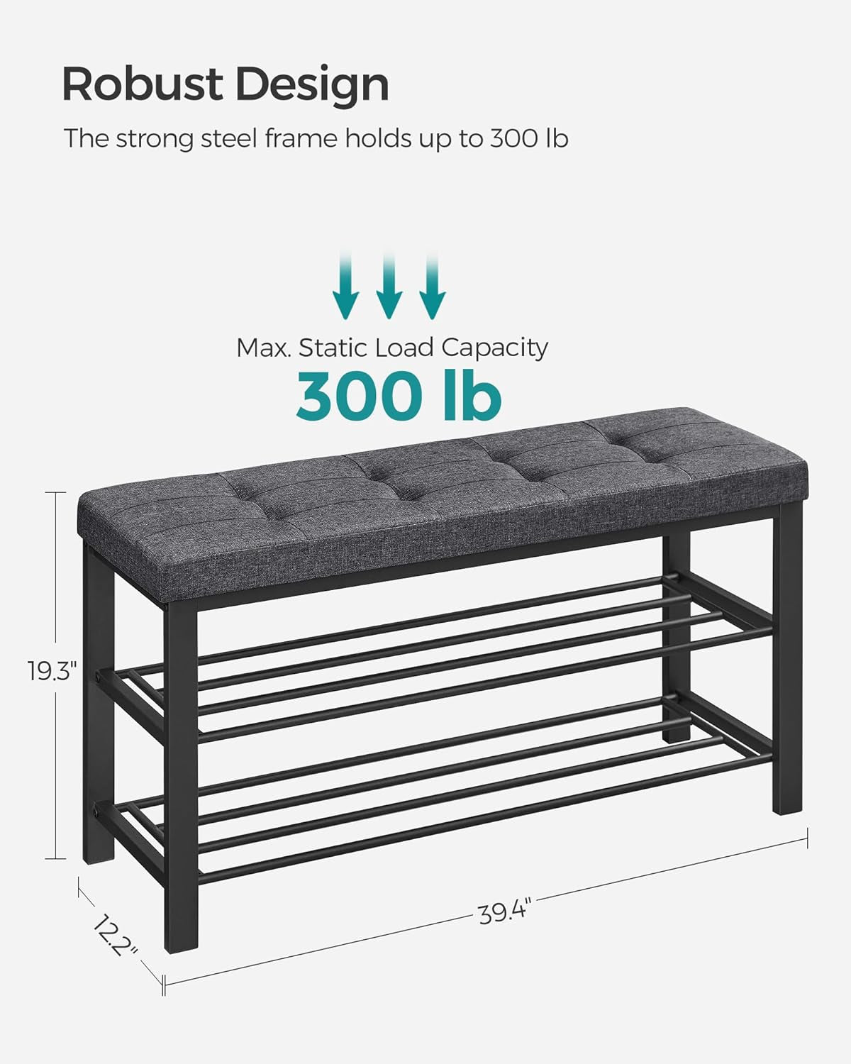 Shoe Bench, Storage Bench, Entryway Bench with Cushion, Shoe Shelf with Seat, Space-Saving, Modern Style, for Living Room, Bedroom, Hallway, Dark Gray and Ink Black ULBS579B33