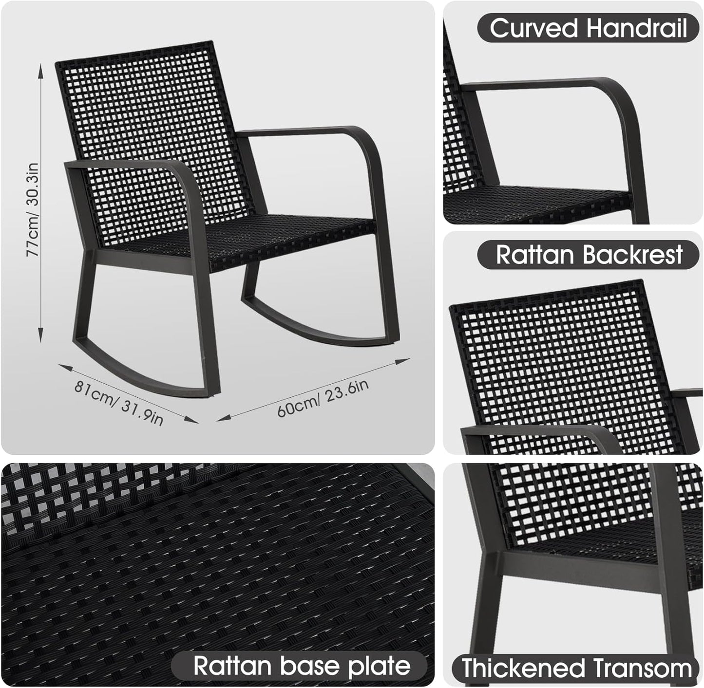 Bistro 3 Piece Patio Furniture Set, Patio Table and Rattan Outdoor Rocking Chairs Set of 2, Outdoor Bistro Conversation Set for Garden, Balcony, Poolside, Backyard, Blue