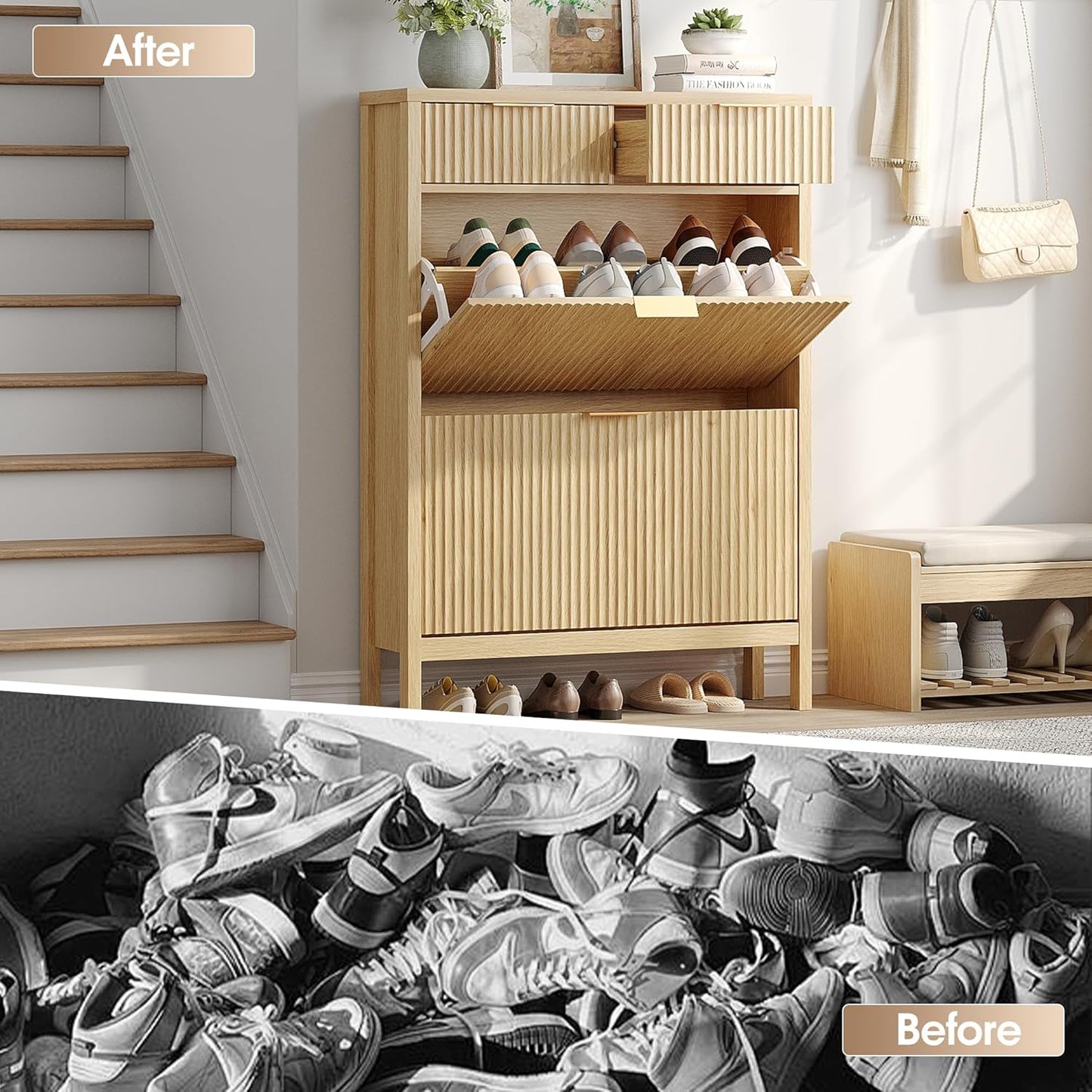 Fluted Shoe Storage Cabinet with 2 Flip Drawers & 2 Storage Drawers, Narrow Hidden Shoe Rack Organizer with Adjustable Shelf, Freestanding Slim Shoe Cabinet Storage for Entryway, Hallway, Foyer, Oak