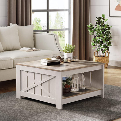 Coffee Table Farmhouse Coffee Table with Storage Rustic Wood Cocktail Table, Square Coffee Tables for Living Meeting Room with Half Open Storage Compartment, Grey Wash