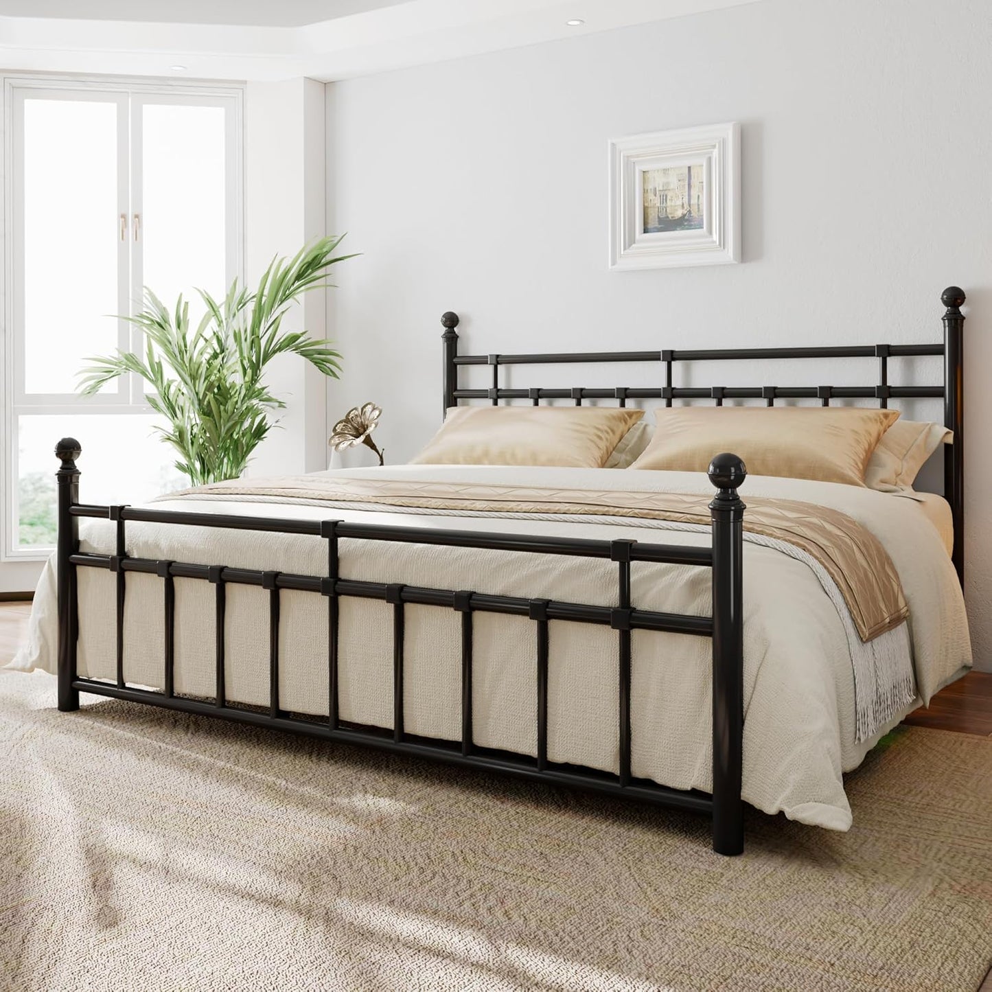 King Metal Bed Frame with Vintage Headboard and Footboard, Farmhouse King Size Bed Frame, under Bed Storage, No Box Spring Needed, Noise-Free, Black