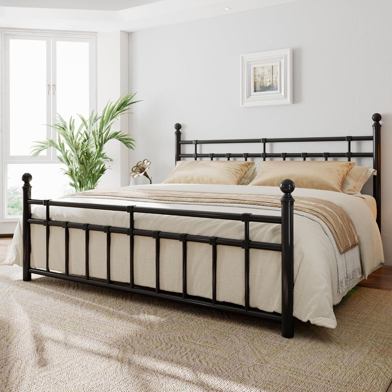 King Metal Bed Frame with Vintage Headboard and Footboard, Farmhouse King Size Bed Frame, under Bed Storage, No Box Spring Needed, Noise-Free, Black