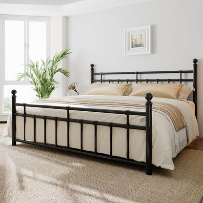 King Metal Bed Frame with Vintage Headboard and Footboard, Farmhouse King Size Bed Frame, under Bed Storage, No Box Spring Needed, Noise-Free, Black