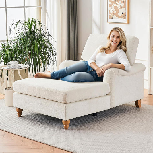 Chaise Lounge Chair with Adjustable Backrest, Modern Upholstered Chenille Leisure Sofa Recliner, Sleeper Chair Bed with Rolled Arm for Indoor, Bedroom, Living Room, Study Room, Office, Beige