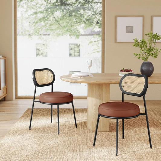 Dining Chairs, Set of 2 Accent Chair for Dining Room Kitchen, with Boho PE Rattan Back, Synthetic Leather Upholstery, Coffee Brown ULDC160K02