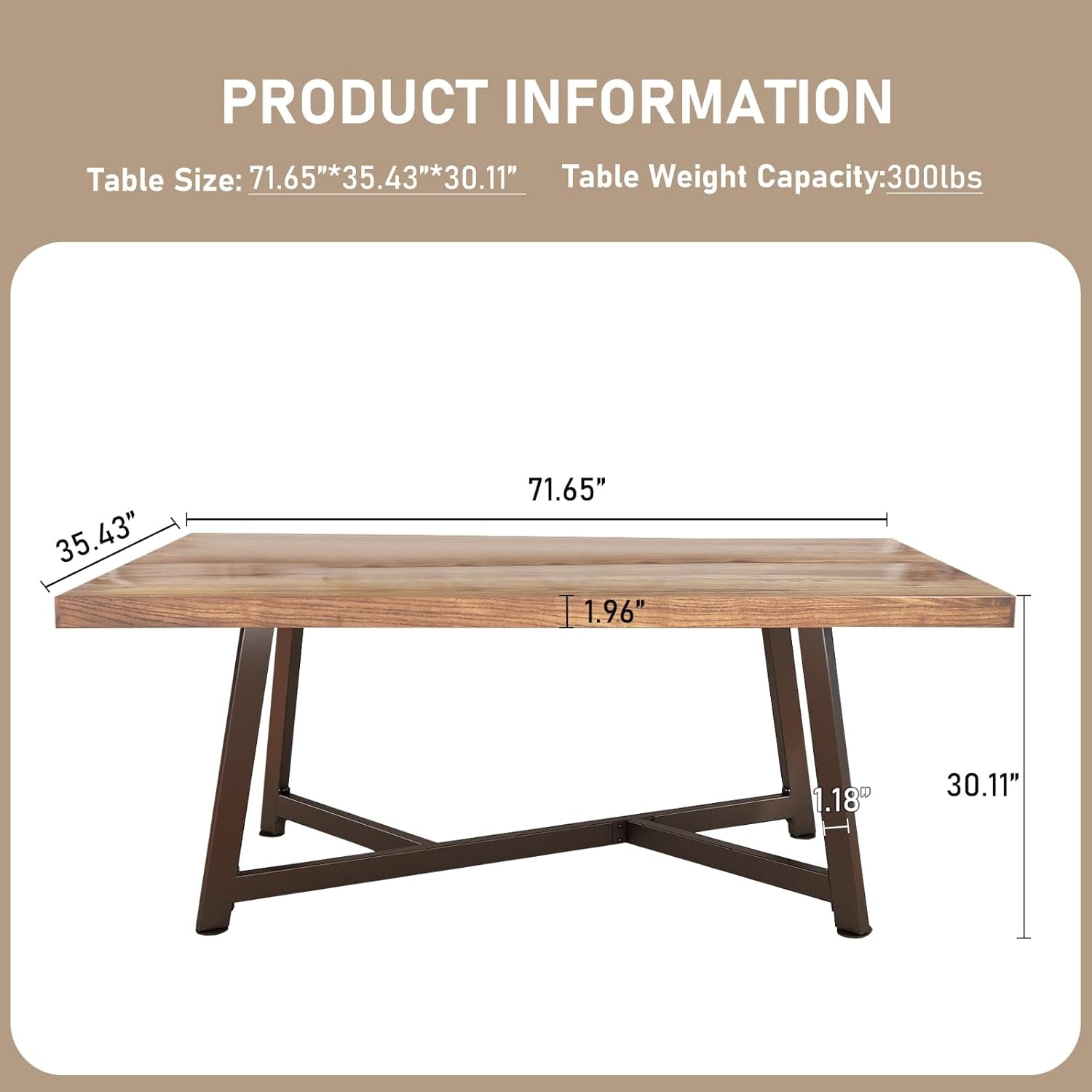 71" Farmhouse Dining Table for 4,6,8 People,Solid Wood Rustic Kitchen Table Brown Rectangular,Large Wooden Rectangular Dinner Table for Home Office,Dining Room,Living Room Furniture