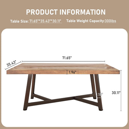 71" Farmhouse Solid Wood Dining Table for 4 6 8 People, Rustic Large Wooden Kitchen Table Rectangular Hardwood Top with Steel Leg X-Base, Home Office Kitchen Furniture, Oak