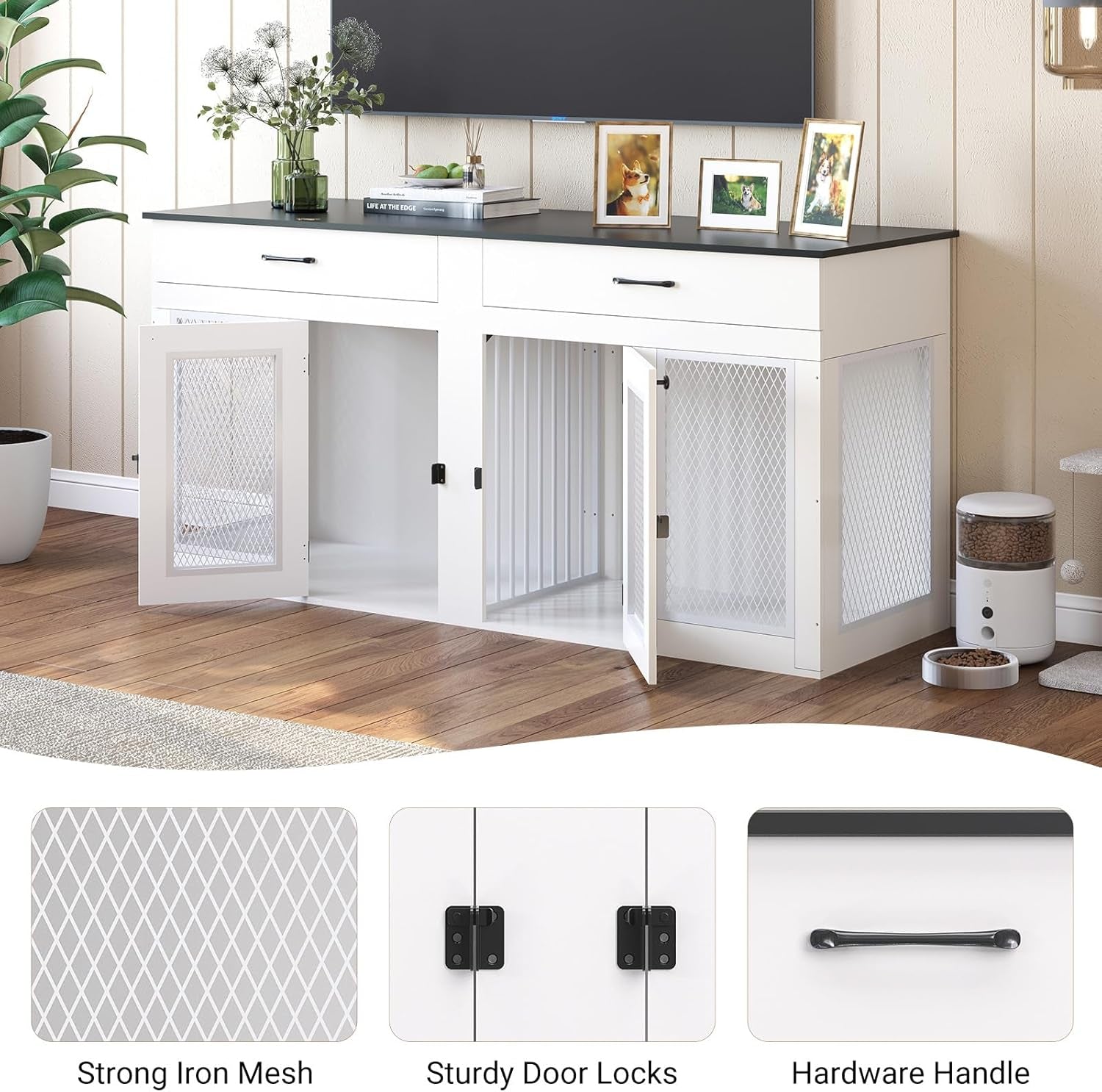 71 Inch Dog Crate Furniture for 2 Dogs，Xxl Thick Wooden Double Kennel TV Stand W/Removable Divider - Heavy Duty Indoor Cage for Large Breeds (Gray, 71L* 23.6W* 33.5" H)