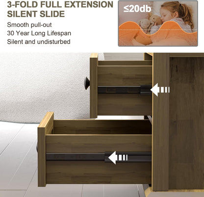24" Tall Nightstand with Charging Station, Double 18W Fast Charge End Table, Large 18” Bedside Table with Drawers,Rustic Wood Storage Cabinet with Open Shelf for Bedroom,Natural