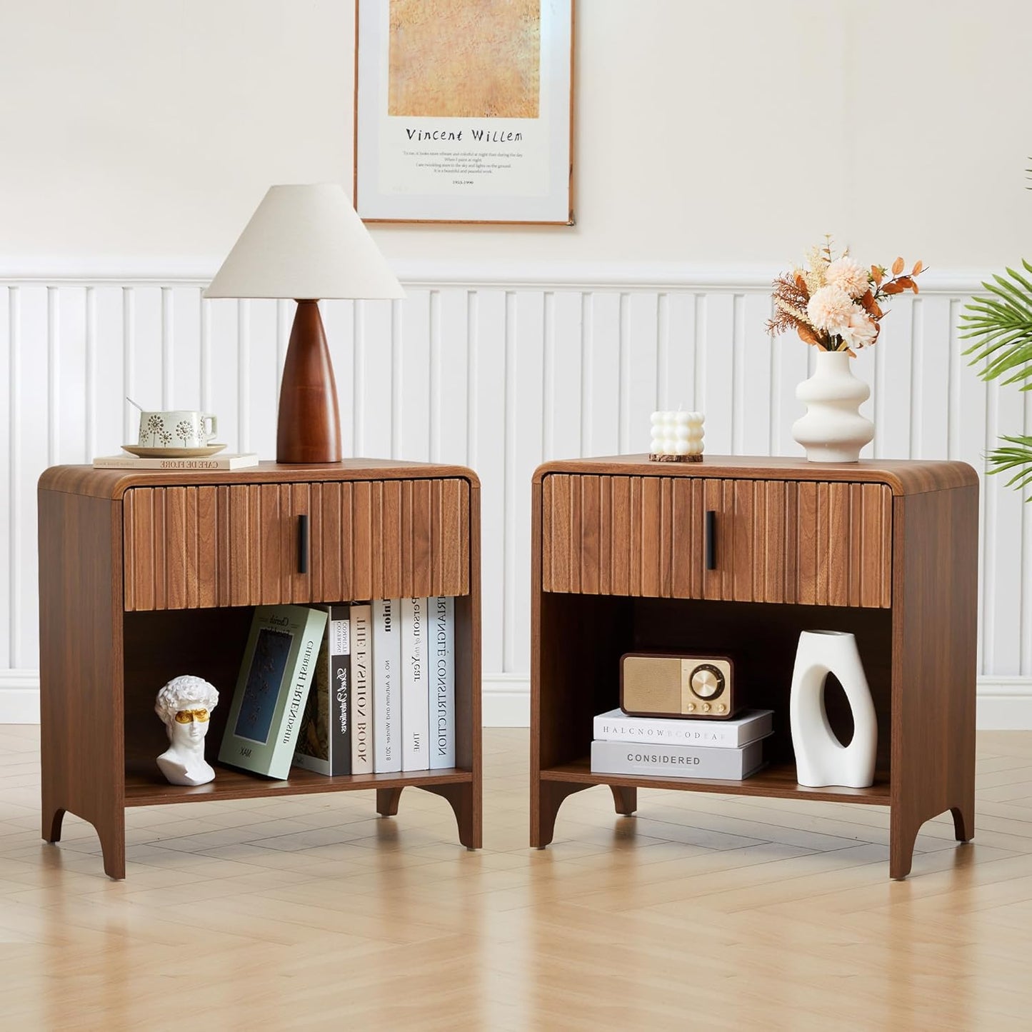 Fluted Night Stand Set of 2, Modern Nightstand Curved Profile, Drawer and Open Shelf - Bedside Table Wood Side Table Set for Bedroom (Walnut-2 Nightstands)