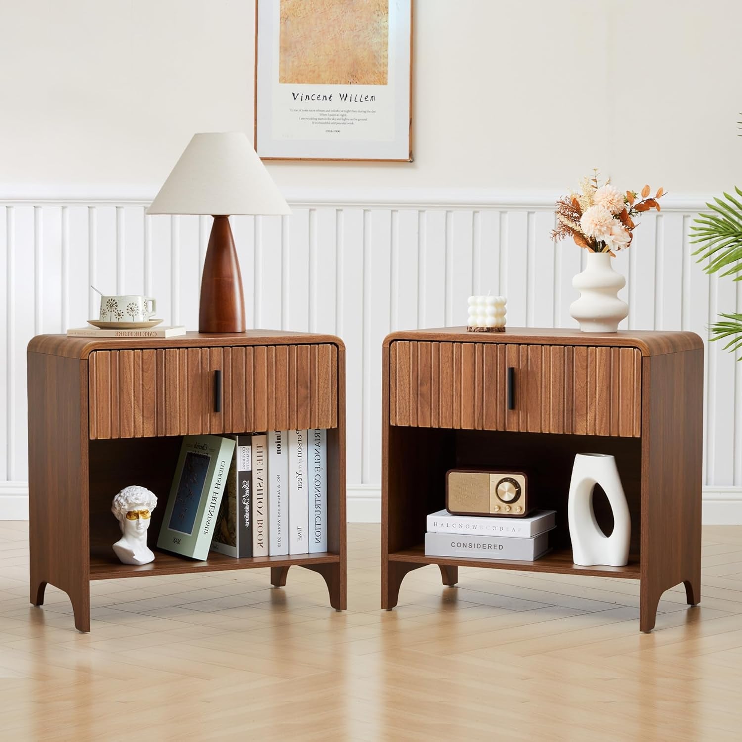 Fluted Night Stand Set of 2, Modern Nightstand Curved Profile, Drawer and Open Shelf - Bedside Table Wood Side Table Set for Bedroom (Walnut-2 Nightstands)
