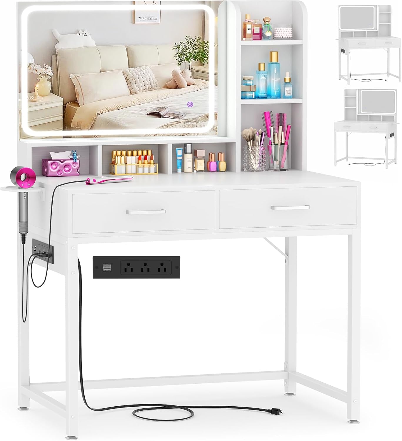Small Vanity Desk, Vanity Desk with Mirror and Lights, Makeup Vanity Desks with Power Strip, Vanity Table with Drawers and Shelves, Adjustable Lighting, Dressing Table for Bedroom Dressing Room, White
