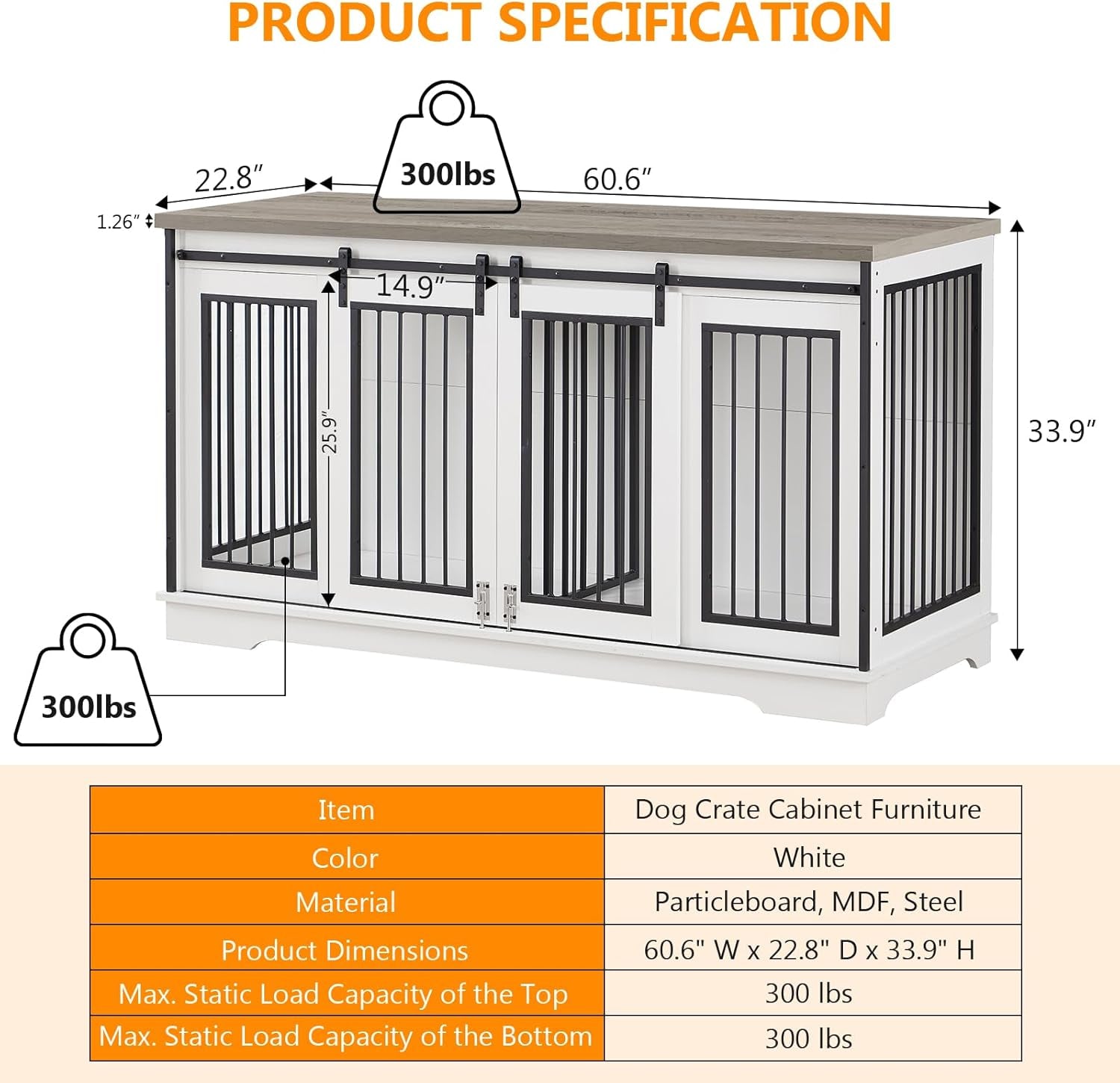 2-In-1 Double Dog Crate Furniture with Divider 60.6 Inch White Sturdy Heavy Duty Dog Crate TV Stand with 2 Sliding Doors and Thick Iron Door Frame for 2 Dogs