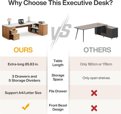 85.8-Inch L-Shaped Executive Desk with File Drawers, Door Cabinet & Shelves, Extra Large Commercial Office Desk, Modern Professional Office Table, White & Brown Business Furniture
