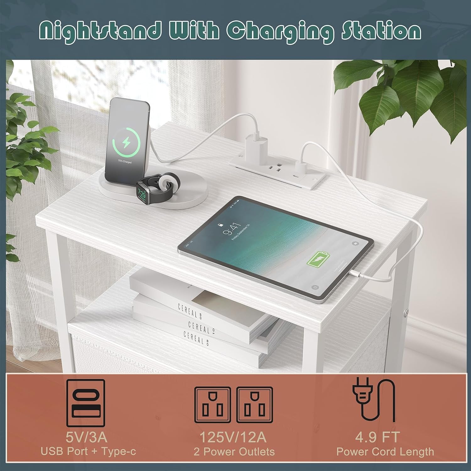 Nightstand with Charging Station,Led White Nightstands with 5 Fabric Drawers PU Finish, Bedside End Tables, 2-Tier Open Storage Shelf Side Table Nightstand with Drawers for Bedroom,White