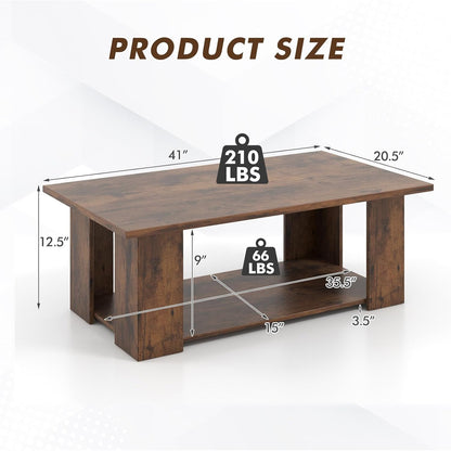 2-Tier Coffee Table, Modern Rectangular Center Cocktail Table with 5 Support Legs, Wooden Accent Living Room Furniture, Small Coffee Table for Small Spaces, Easy Assembly (Rustic Brown)